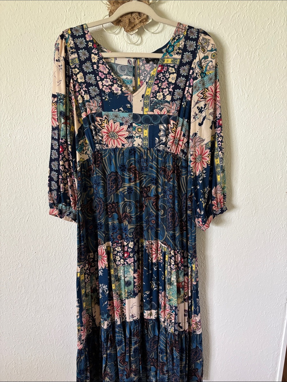 Bohemian Floral Patchwork Maxi Dress - Navy Pink